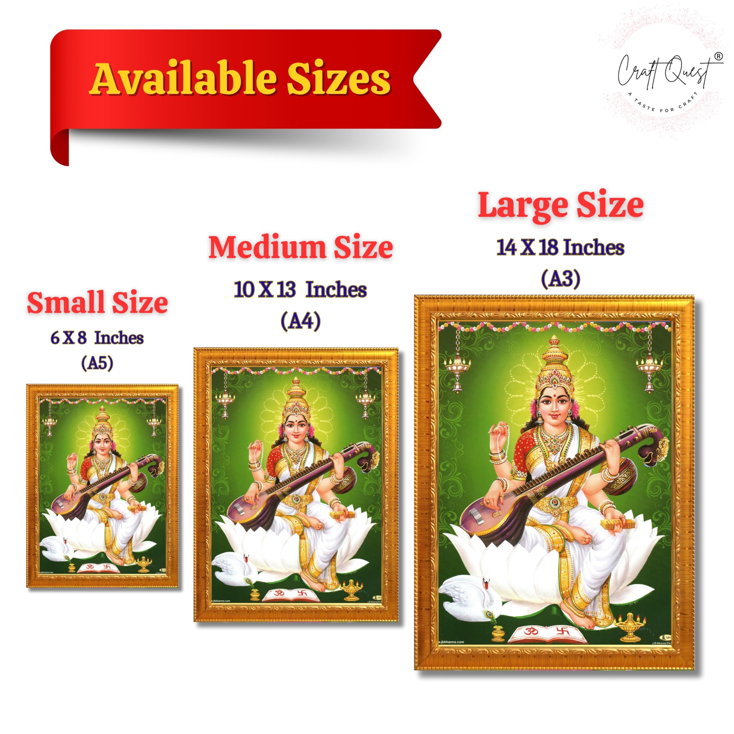 CRAFT QUEST Saraswati Devi Goddess Saraswathi Maa Wall Painting Sparkle Coated Framed Home Décor