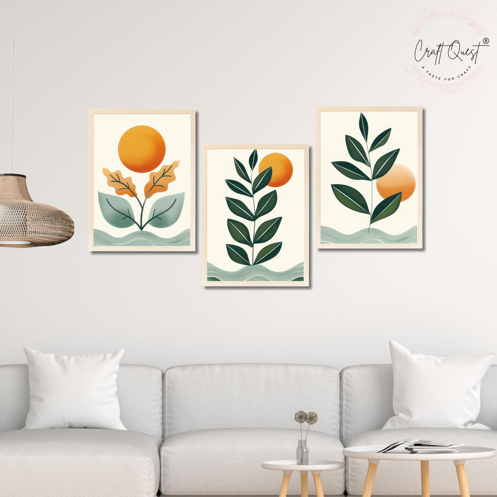 CRAFT QUEST Nature Inspired Sun & Moon Modern Boho Wall Art | Set of 3 Frames for Home Decoration | Ideal for Living Room, Bedroom & Offices