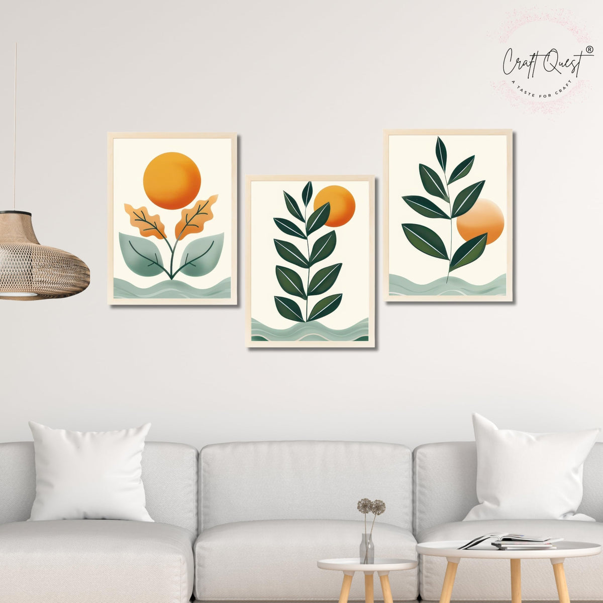 CRAFT QUEST Nature Inspired Sun & Moon Modern Boho Wall Art | Set of 3 Frames for Home Decoration | Ideal for Living Room, Bedroom & Offices