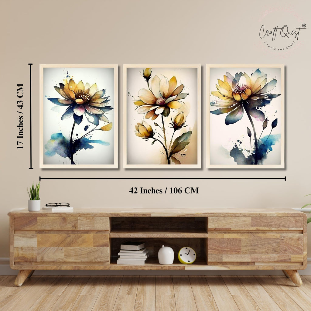 CRAFT QUEST Nature Inspired Triptych Flowers Abstract Wall Art | Set of 3 Frames for Home Decoration | Ideal for Living Room, Bedroom & Office