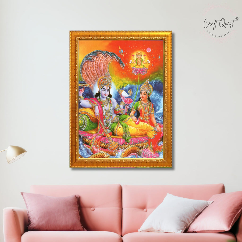 CRAFT QUEST Lord Vishnu Dev Lakshmi Devi Laxmi Narayan Ji Wall Painting Framed Home Décor