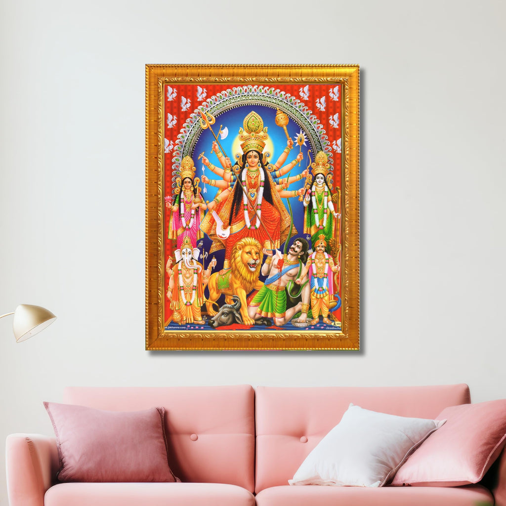 CRAFT QUEST Durga mata Mahishasura Mardini | Mahisasur Mardhini Durga Wall Painting Framed, Goddess Religious Photo Frame With Acrylic Glass