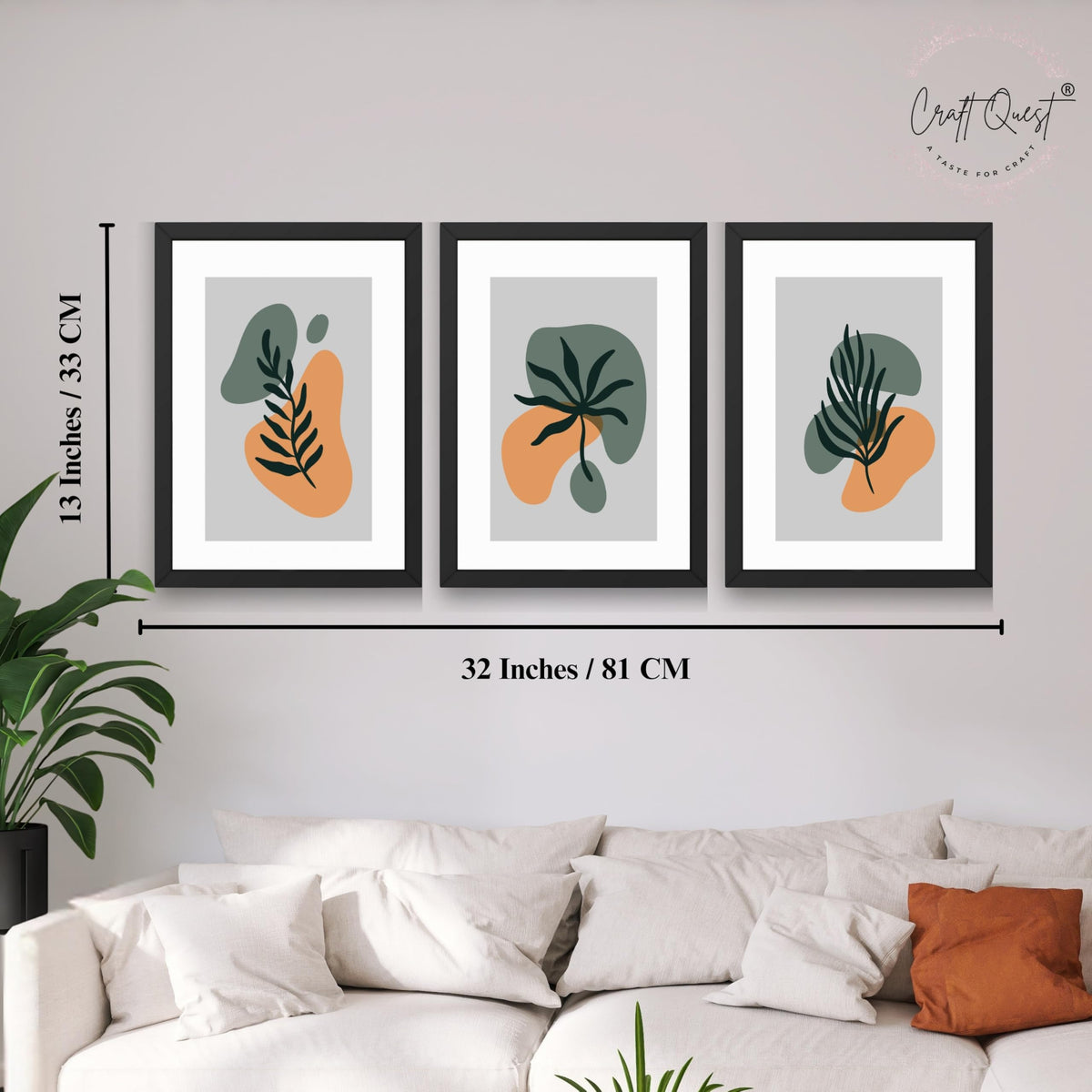 CRAFT QUEST Wall Art Decor Paintings | Set of 3 BOHO Wall Art Frames for Home Decoratio | Ideal for Living Room, Office & Bedroom