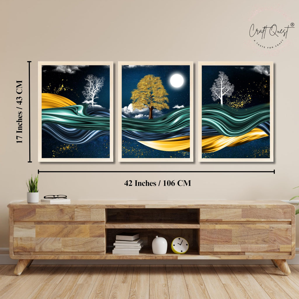 CRAFT QUEST Modern Art With Dark Blue Background & Golden Tree Wall Art | Set of 3 Frames for Home Decoration | Ideal for Living Room, Bedroom & Offices