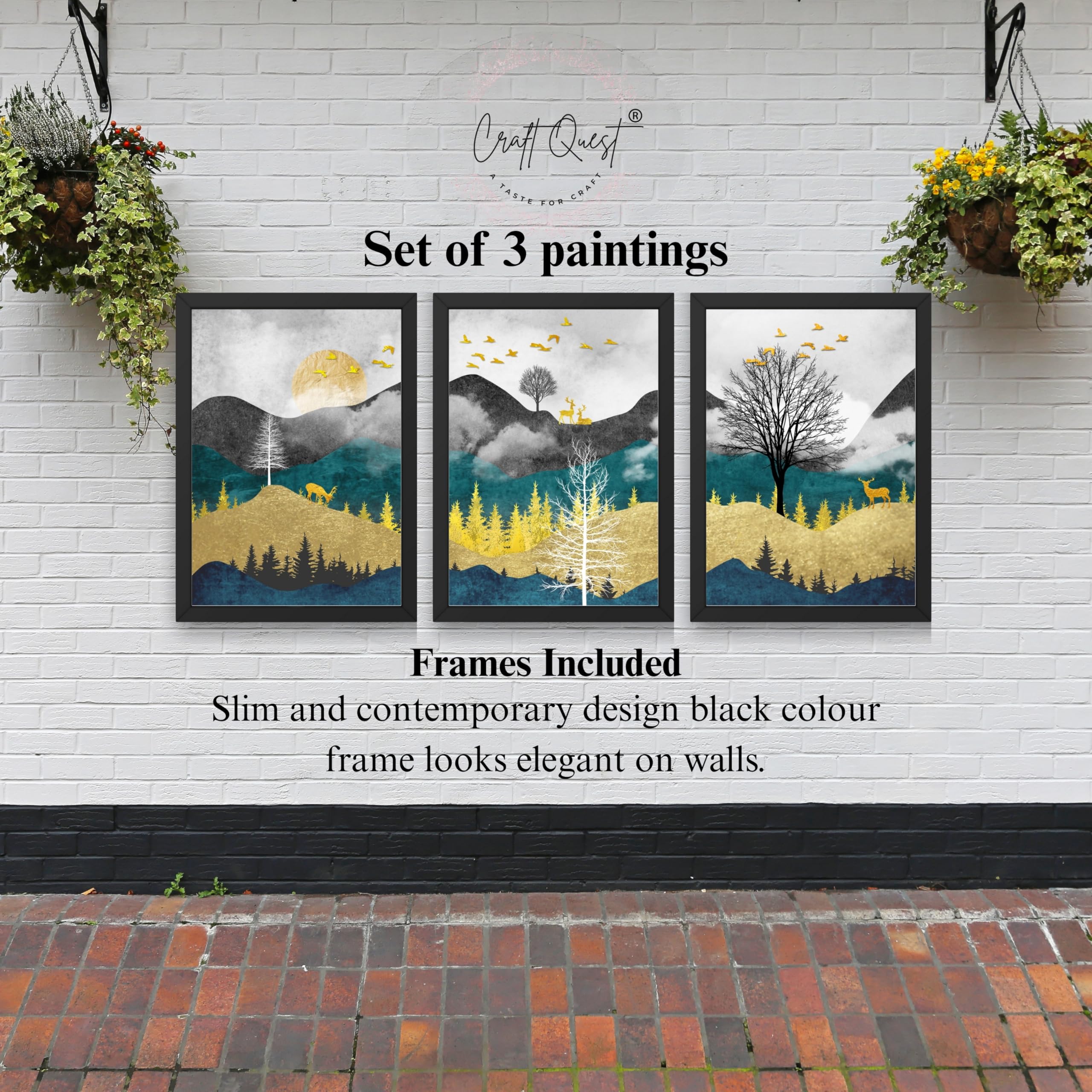 CRAFT QUEST Artistic Composed Abstract Geometric Gold Lines | Set of 3 Frames for Home Decoration | Ideal for Living Room, Bedroom & Offices