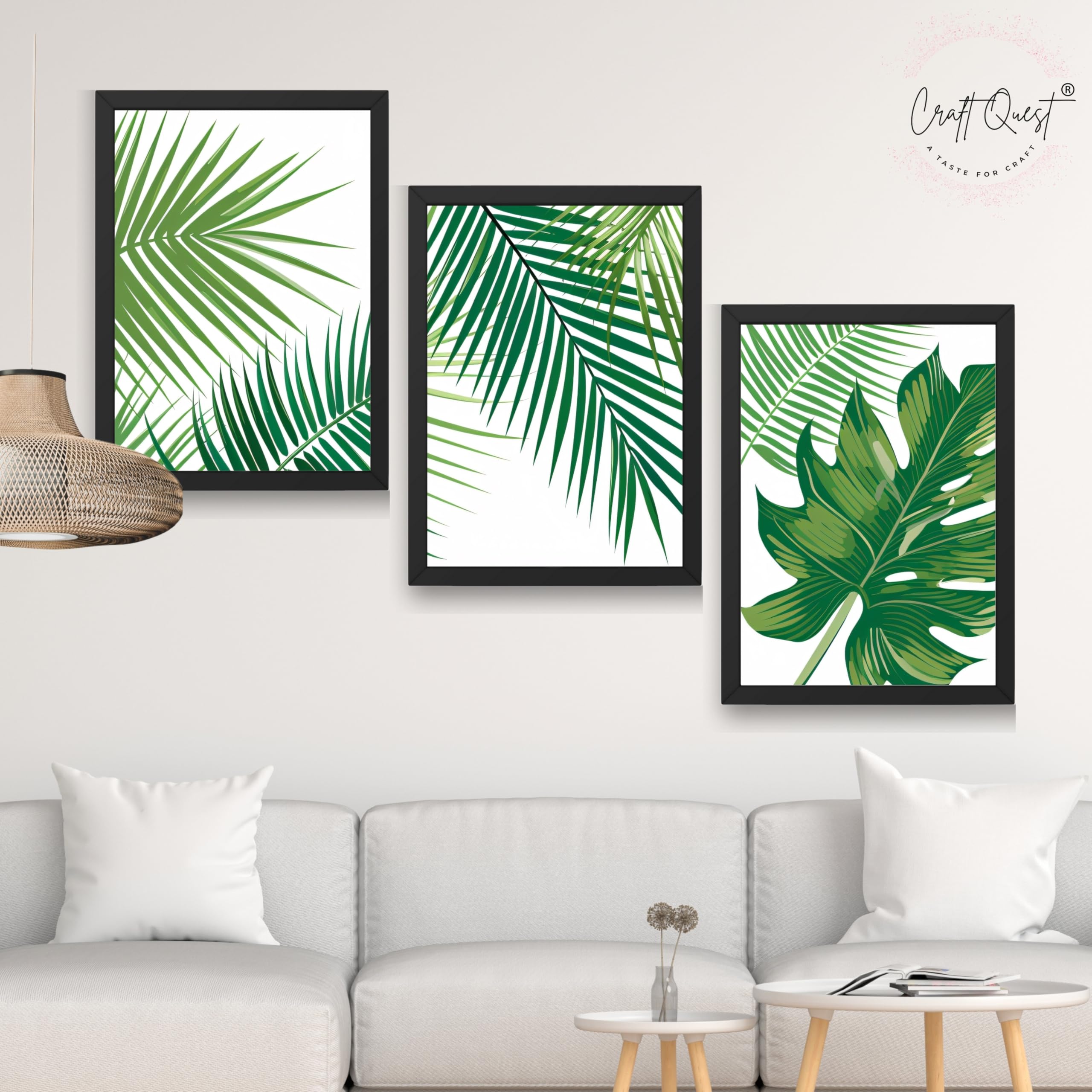 CRAFT QUEST Nature Inspired Tropical Palm Leaf Modern Wall Art | Set of 3 Frames for Home Decoration | Ideal for Living Room, Bedroom & Offices