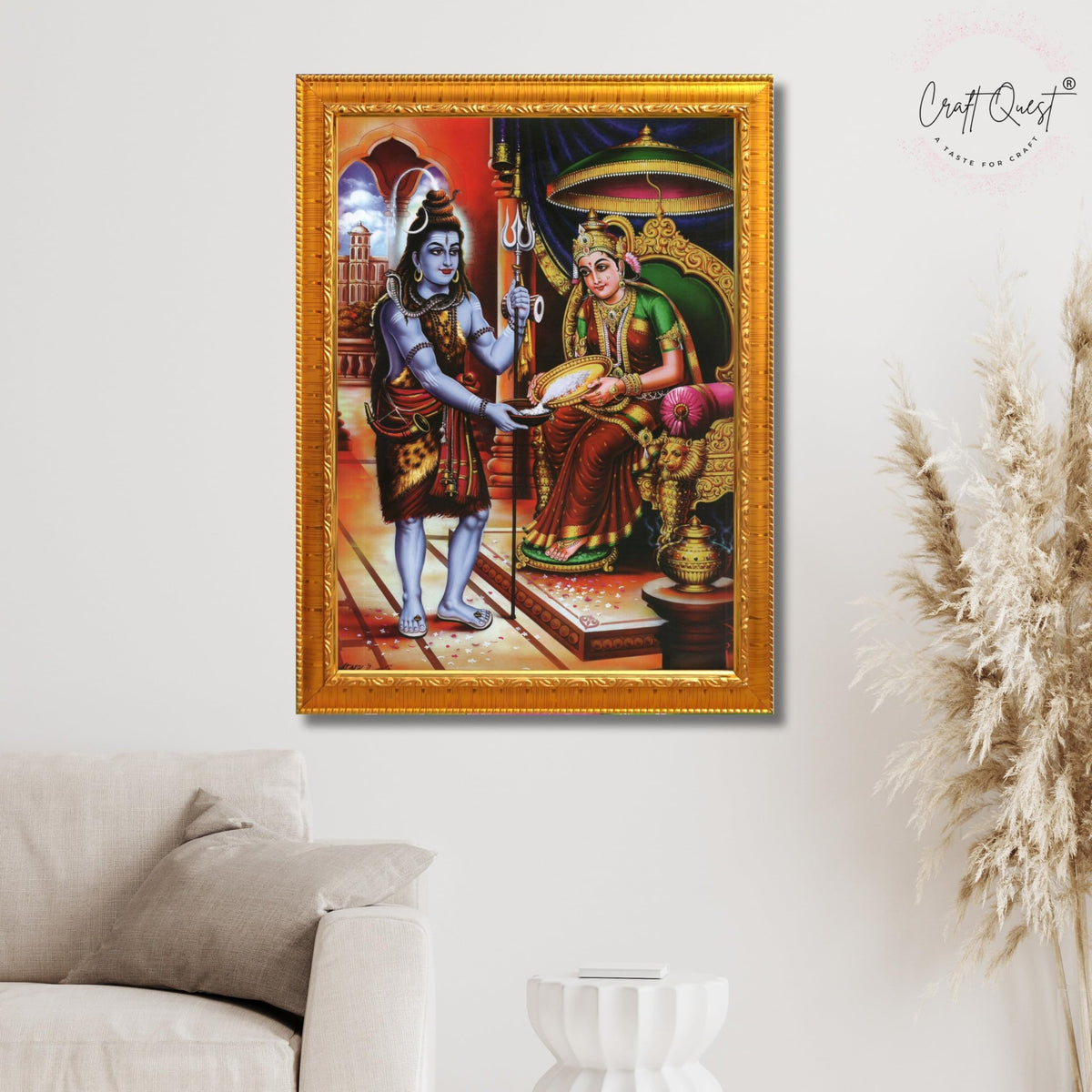 CRAFT QUEST Shiva & Maa Annapurna devi sitting on throne photo frame with Acrylic Glass for Kitchen, Food & Prosperity Blessing Hindu Wall Decor