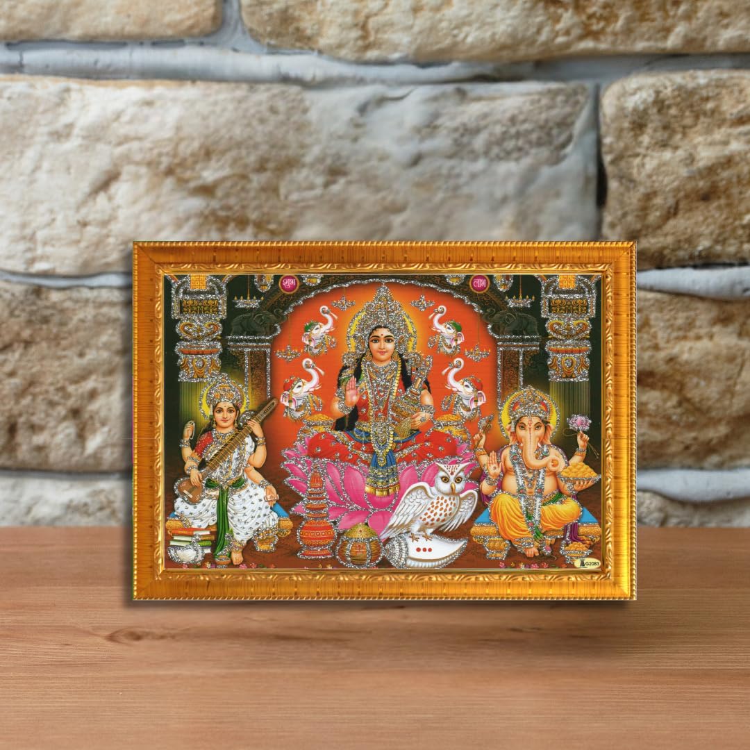 CRAFT QUEST Lakshmi Devi with ganesh ji and saraswati maa Wall Painting Frame Home Decor (Synthetic, Sparkle Finish, Golden, Small Size, 8 X 6 Inch)