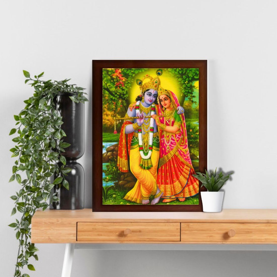 Craft Quest Radha Krishna Sparkle Coated Home Decorative Gift Item Framed Painting (10 X 14 Inches, Brown)