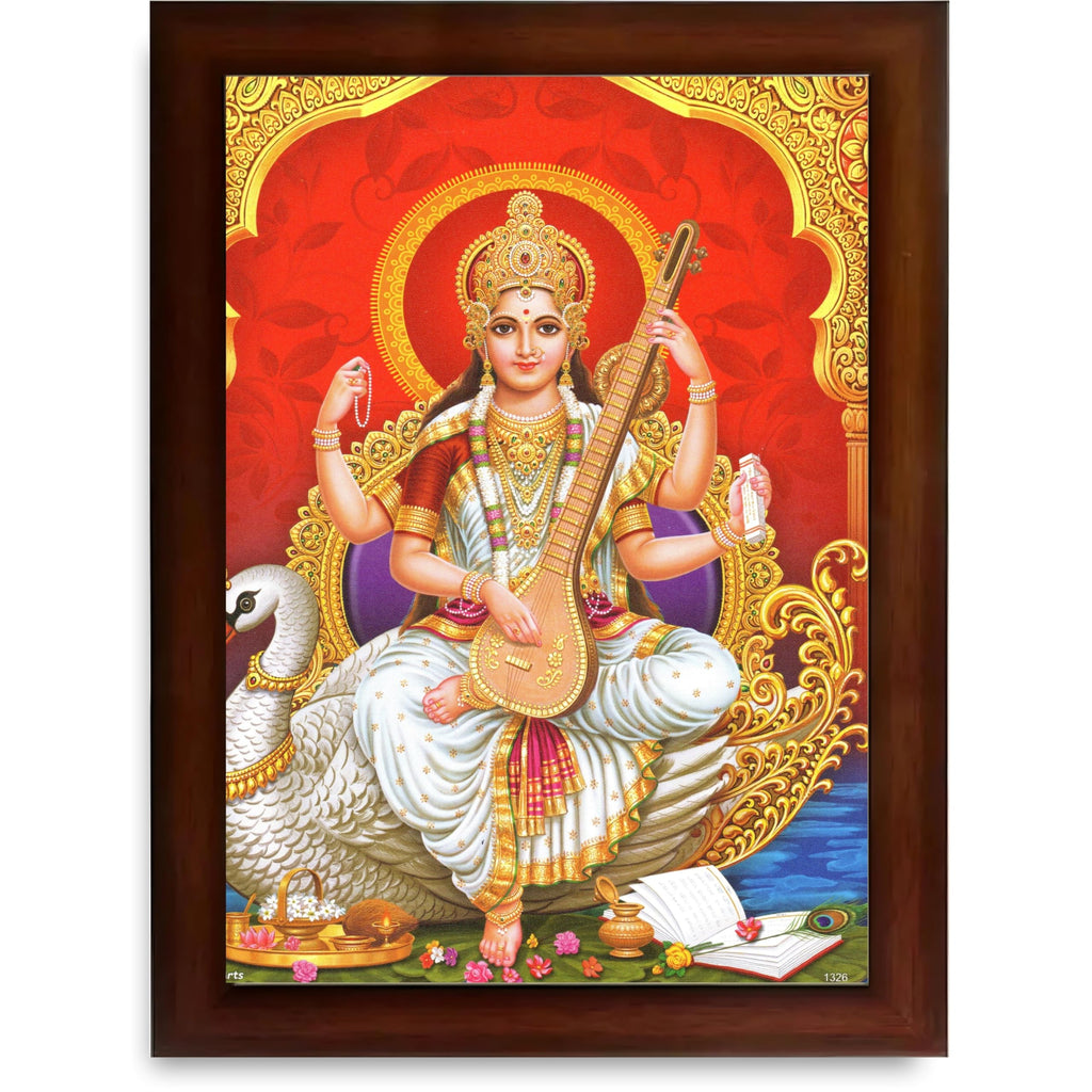 CRAFT QUEST Saraswati Devi Goddess Saraswathi Maa Wall Painting Framed For Home Décor Synthetic wood Framed
