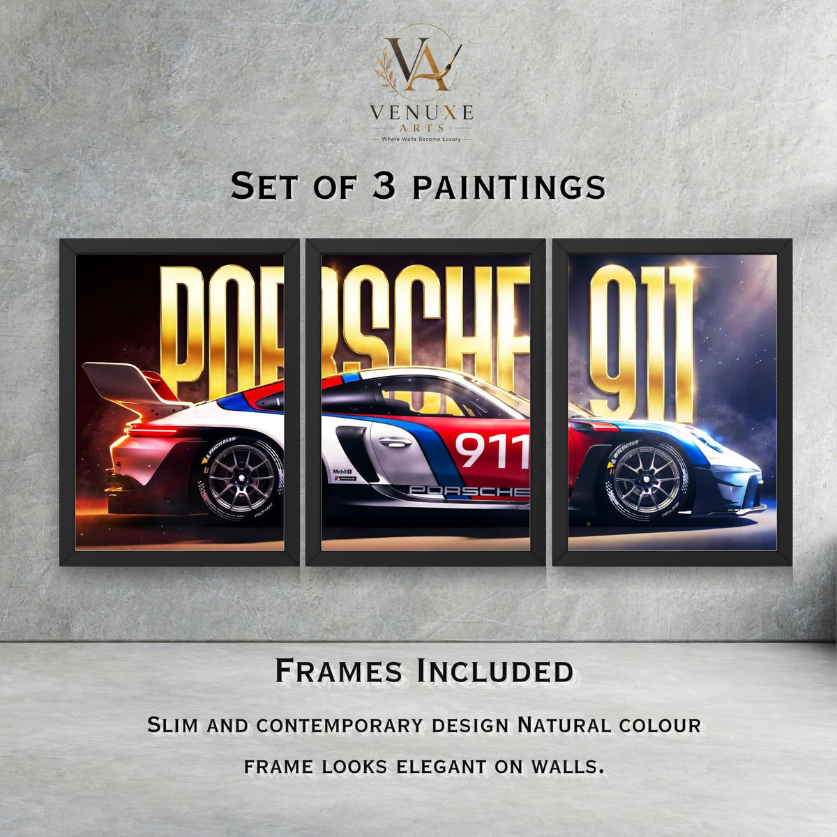 VENUXE ARTS Set Of 3 Big Sports Cars Framed Posters Gift Items for Boys Room Wall Decoration Bedroom Living Room Office Studio Décor | Car Poster Frame for Wall Décor