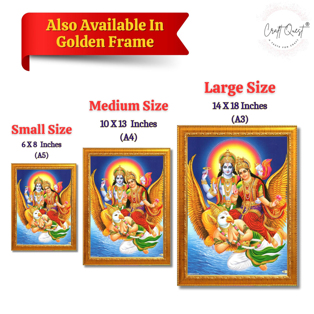 CRAFT QUEST Lord Vishnu and Goddess Lakshmi Giving Blessing on Garud Jii, Glitter Work Painting wooden framed