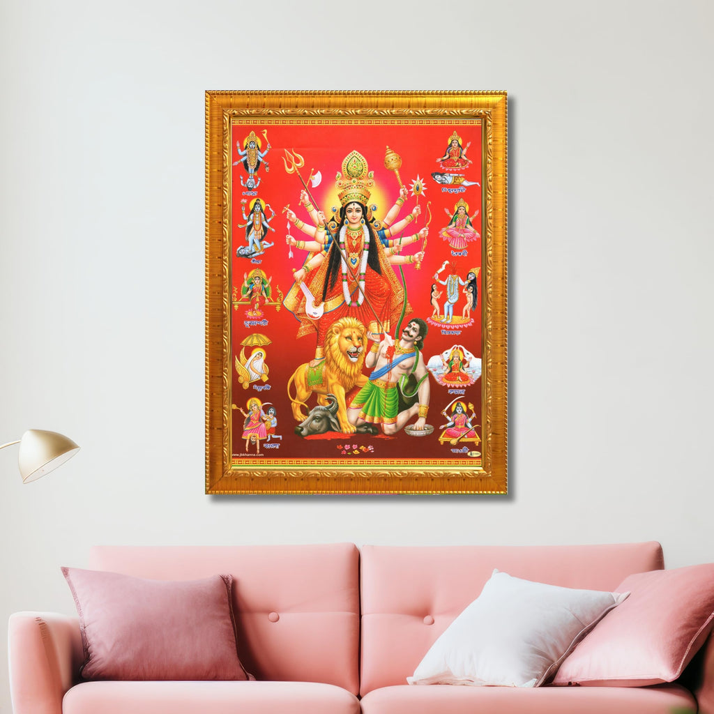 CRAFT QUEST Durga mata Mahishasura Mardini | Mahisasur Mardhini Durga Framed, Religious Photo Frame With Acrylic Glass
