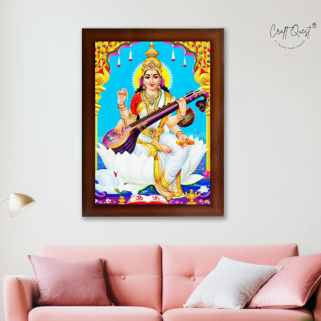 CRAFT QUEST Saraswati Devi Goddess Saraswathi Maa Wall Painting Sparkle Coated Framed Home Décor Synthetic wood Frame
