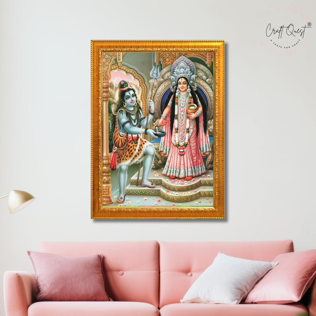 CRAFT QUEST Shiva & Maa Annapurna devi sitting on throne photo frame with Laminated Poster for Kitchen Worship