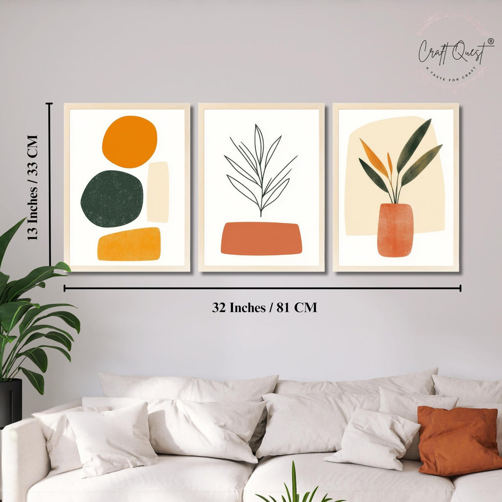CRAFT QUEST SET OF 3 Organic Abstract Wall Art | Set of 3 Frames for Home Decoration | Ideal for Living Room, Bedroom & Offices