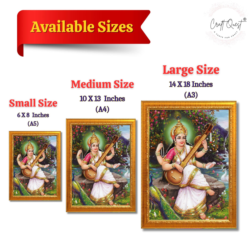 CRAFT QUEST Saraswati Devi Goddess Saraswathi Maa Wall Painting Framed Home Décor Synthetic wooden Framed