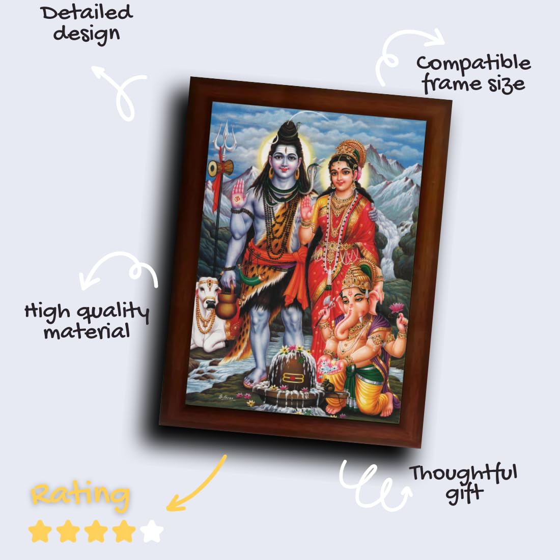 Craft Quest Shiv Parivar (Shiv Shankar, Maa Parvati, Ganesh and Kartikey) Religious Wood Photo Frame Sparkle Coated for Pooja (14 X 10 inch, Multicolour)