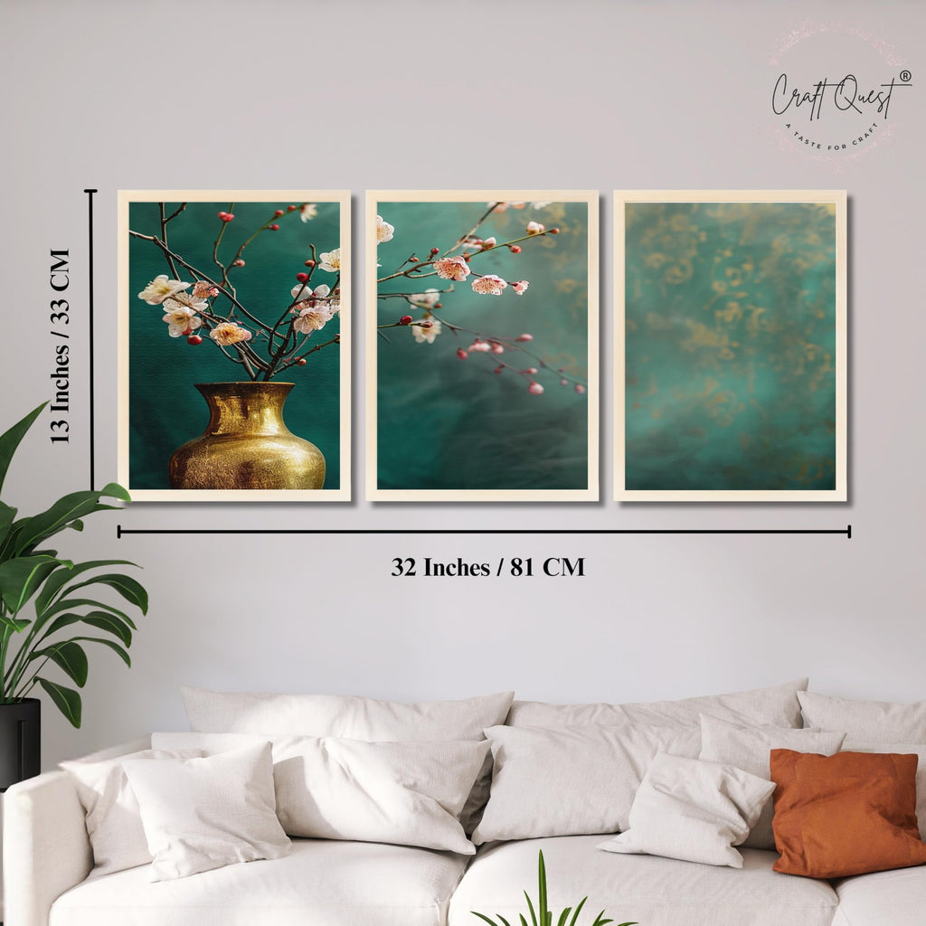 CRAFT QUEST Nature Inspired Flowers In Vase Modern Wall Art | Set of 3 Frames for Home Decoration | Ideal for Living Room, Bedroom & Offices