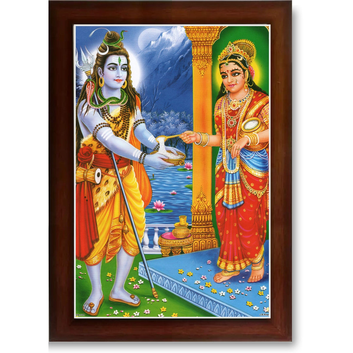 CRAFT QUEST Shiva & Maa Annapurna devi sitting on throne photo frame with Laminated Poster for Kitchen Worship