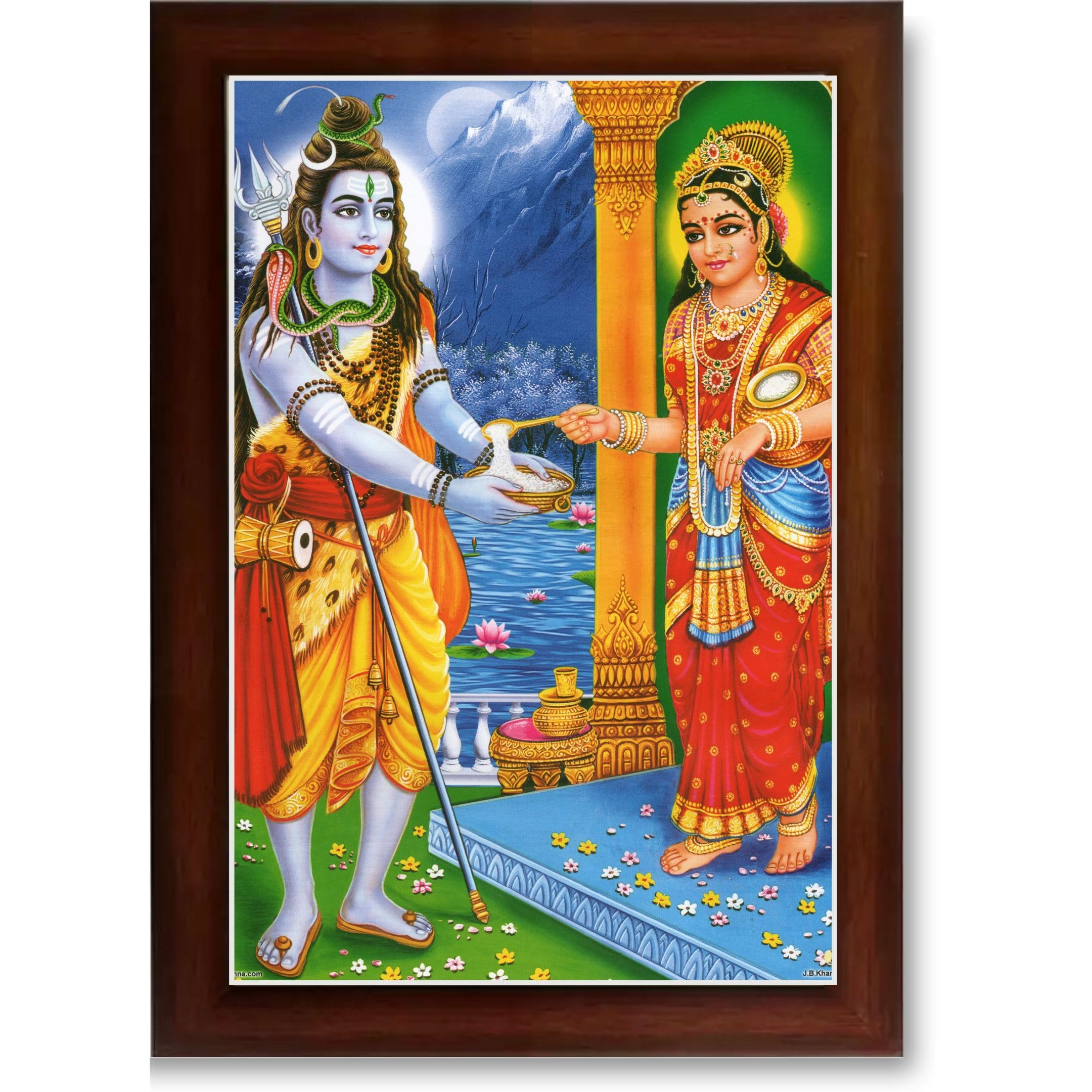 CRAFT QUEST Shiva & Maa Annapurna devi sitting on throne photo frame with Laminated Poster for Kitchen Worship