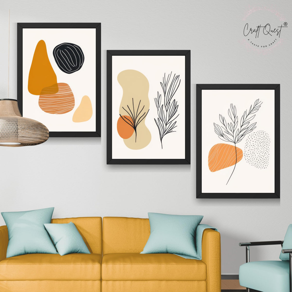 CRAFT QUEST Organic Abstract Line Art Modern Art | Set of 3 Frames for Home Decoration | Ideal for Living Room, Bedroom & Offices