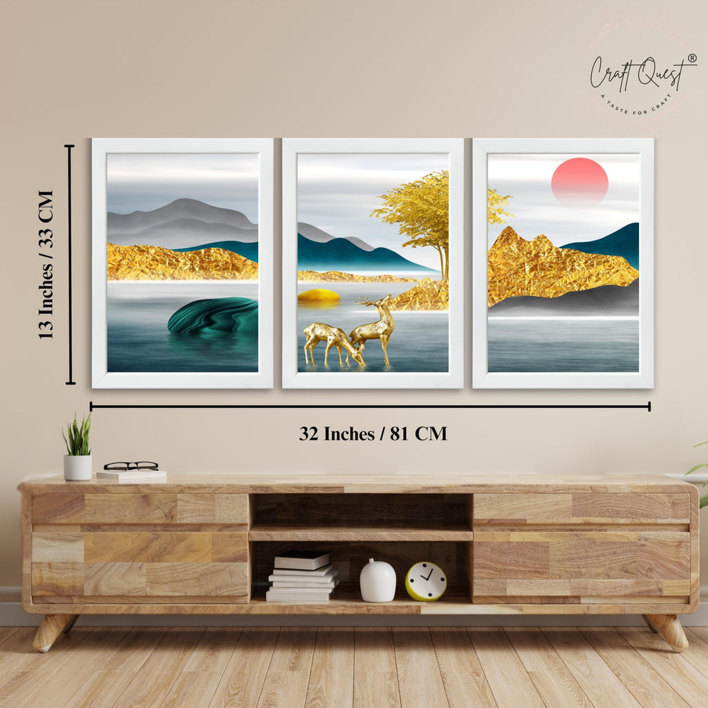 CRAFT QUEST Modern Art Landscapes Sanlian Abstract Wall Art | Set of 3 Frames for Home Decoration | Ideal for Living Room, Bedroom & Offices