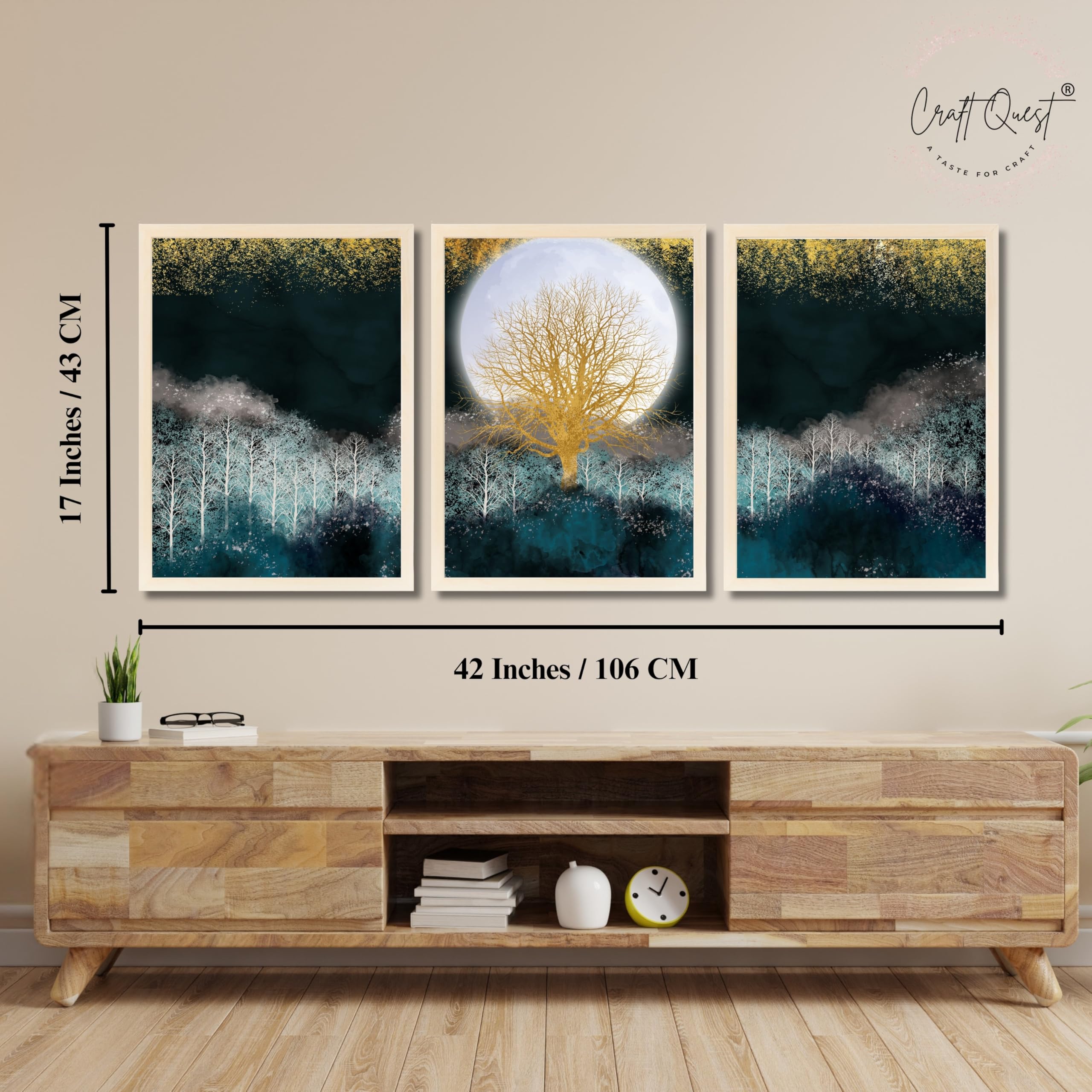 CRAFT QUEST Modern Art Christmas Trees & Mountains Landscape Wall Art | Set of 3 Frames for Home Decoration | Ideal for Living Room, Bedroom & Offices