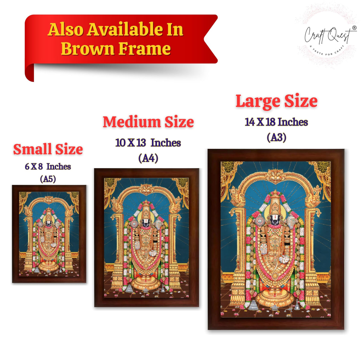 CRAFT QUEST Lord Tirupati Balaji Lakshmi Venkateshwara Swamy Wall Painting Framed Home Room Decor
