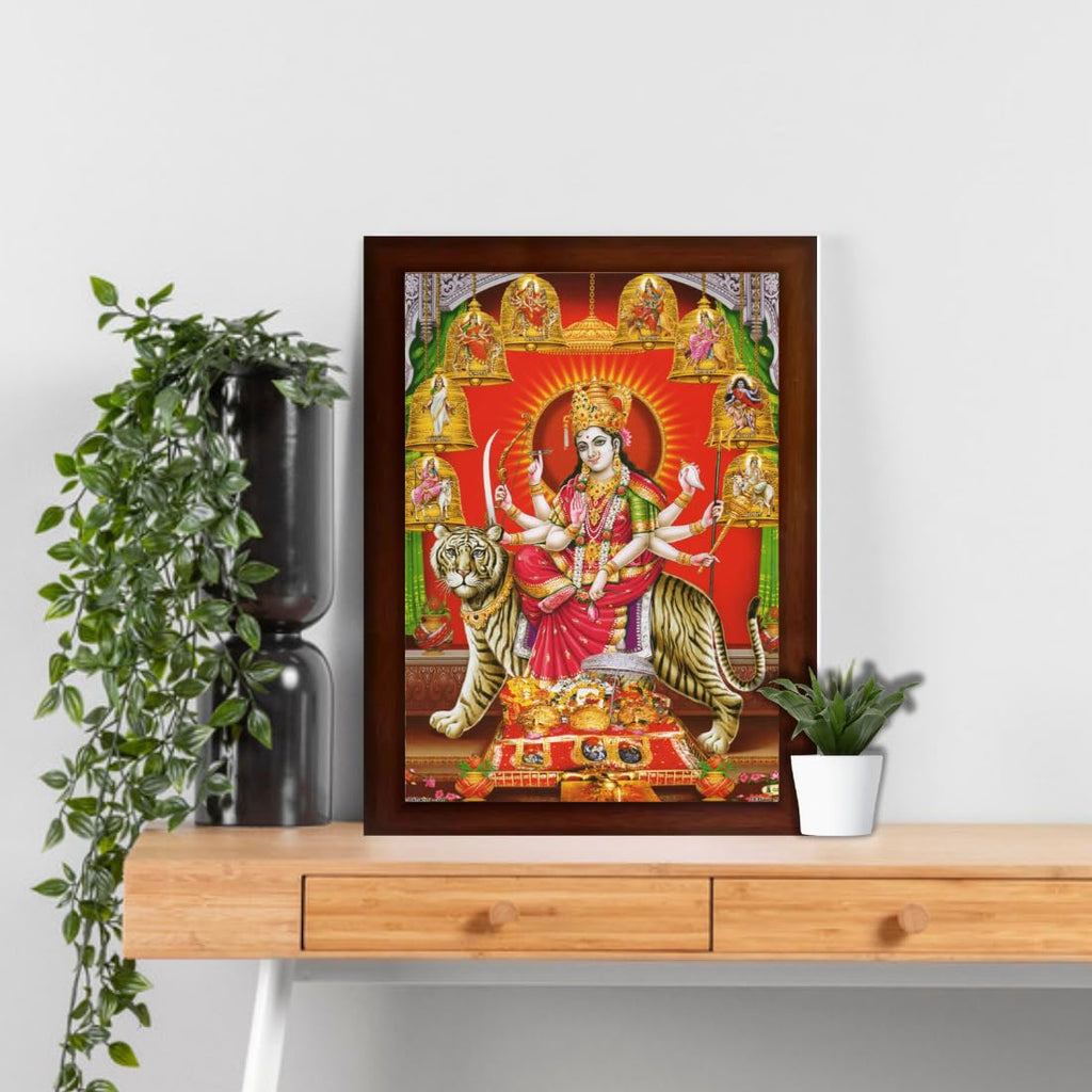Craft Quest Nav Durga mata photo with brown frame, God Religious Framed Painting (Large Size 14 X 10 Inches. Multicolour)