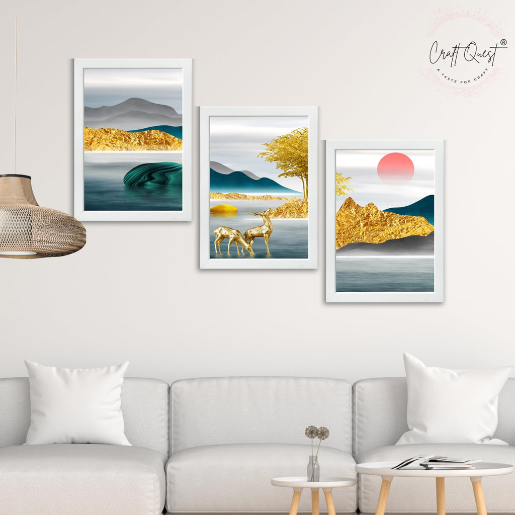 CRAFT QUEST Modern Art Landscapes Sanlian Abstract Wall Art | Set of 3 Frames for Home Decoration | Ideal for Living Room, Bedroom & Offices