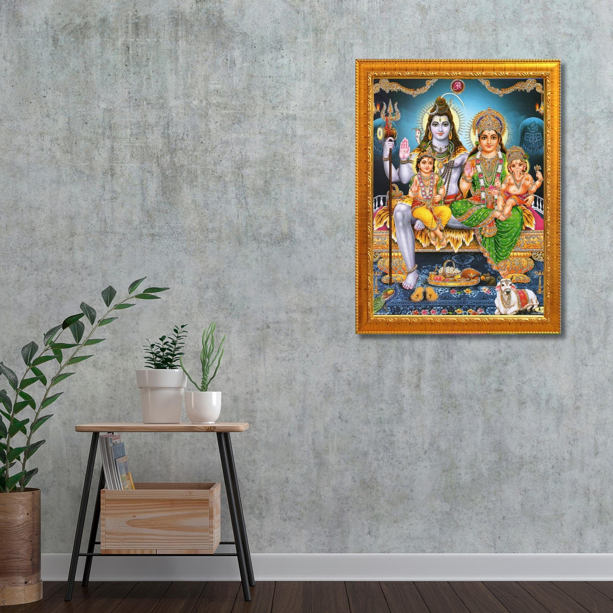 CRAFT QUEST Shiv Parivar Religious Wood Wall Mount Rectangular Photo Frame With Acrylic Glass