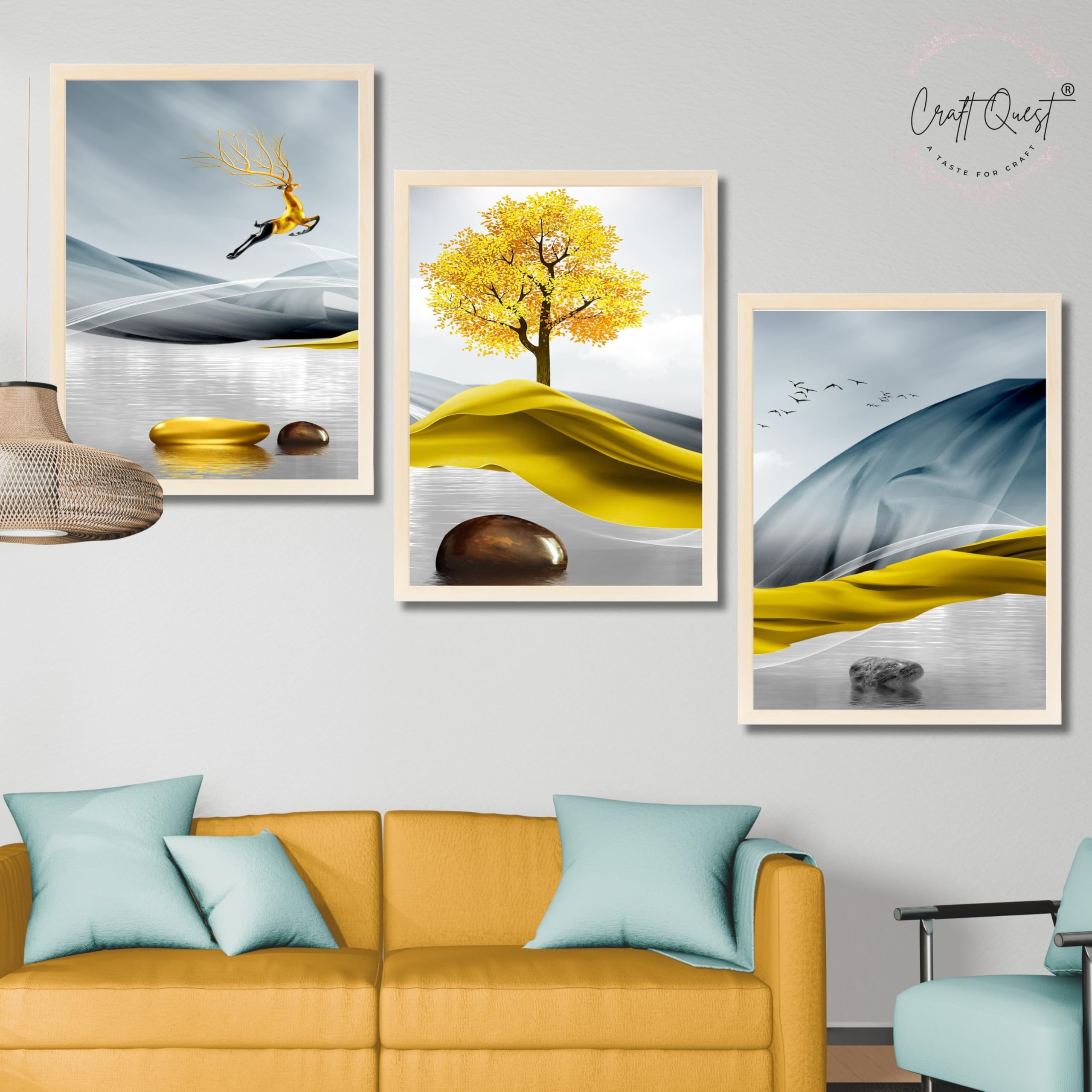 CRAFT QUEST Sanlian Adornment Abstract Modern Art | Set of 3 Frames for Home Decoration | Ideal for Living Room, Bedroom & Offices