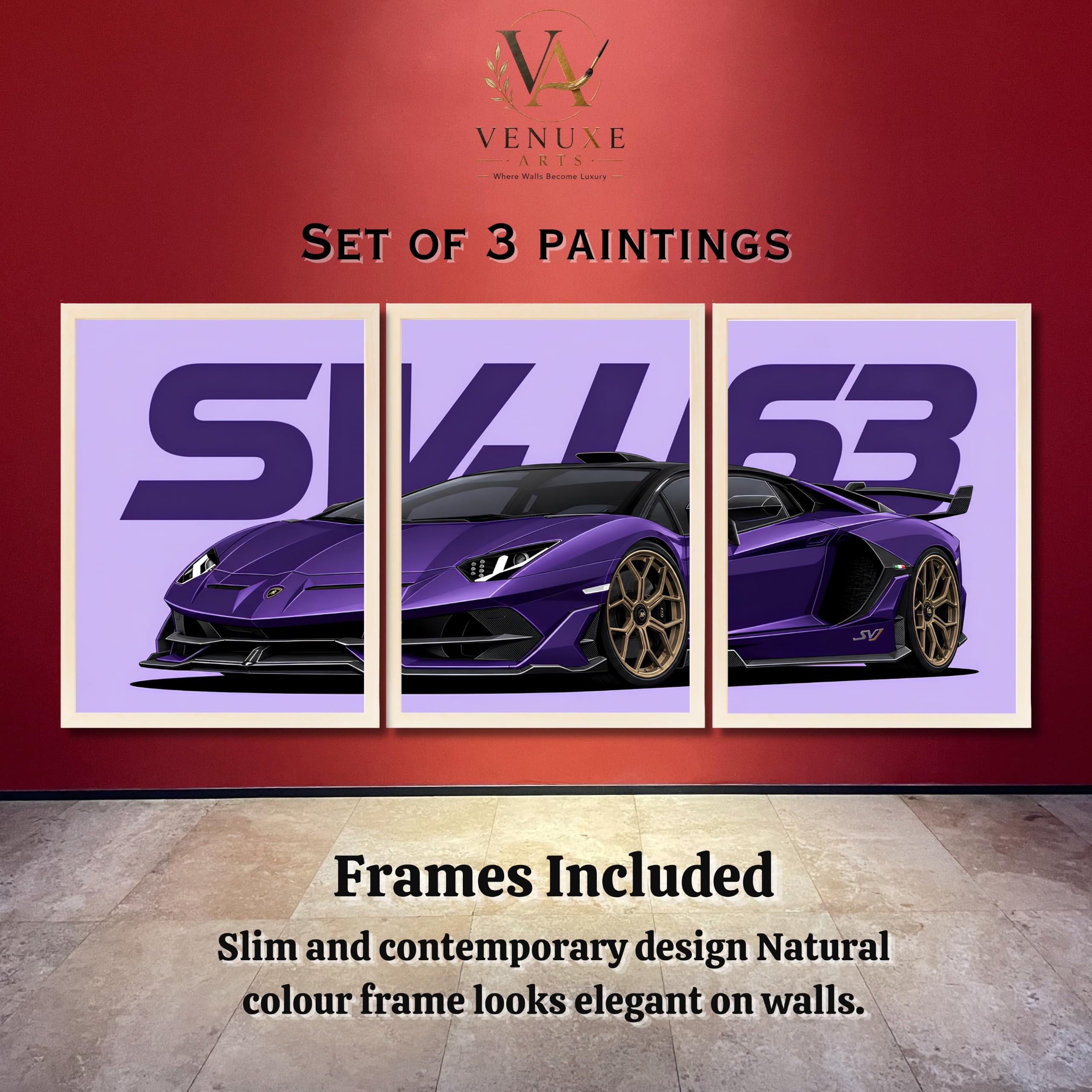 VENUXE ARTS Set Of 3 Big Sports Cars Framed Posters Gift Items for Boys Room Wall Decoration Bedroom Living Room Office Studio Décor | Car Poster Frame for Wall Décor