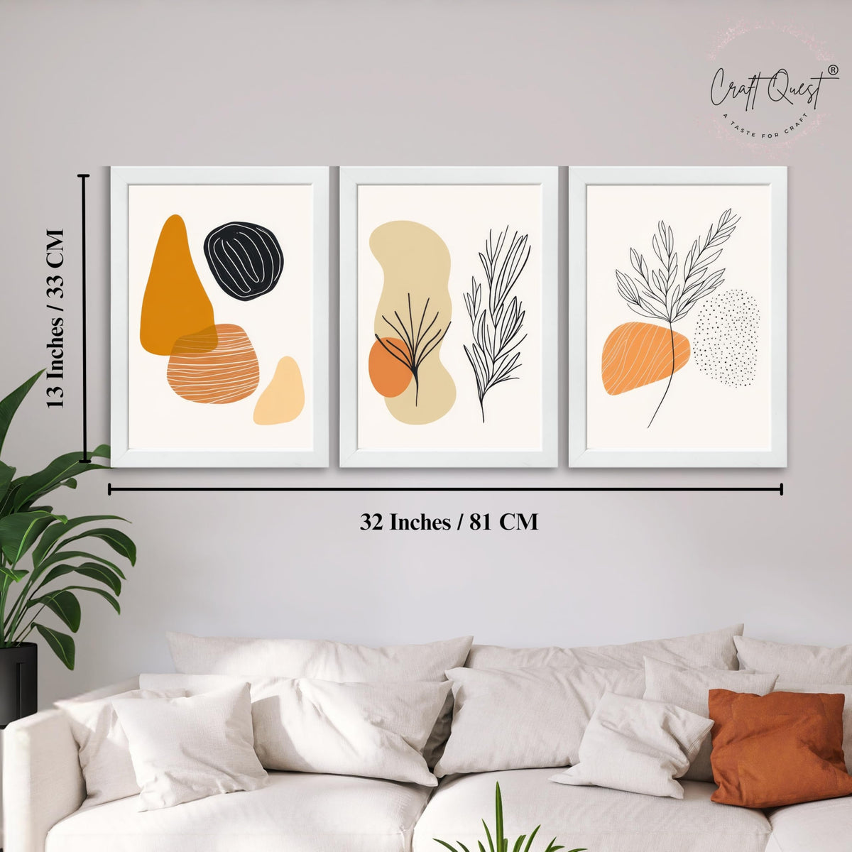 CRAFT QUEST Organic Abstract Line Art Modern Art | Set of 3 Frames for Home Decoration | Ideal for Living Room, Bedroom & Offices