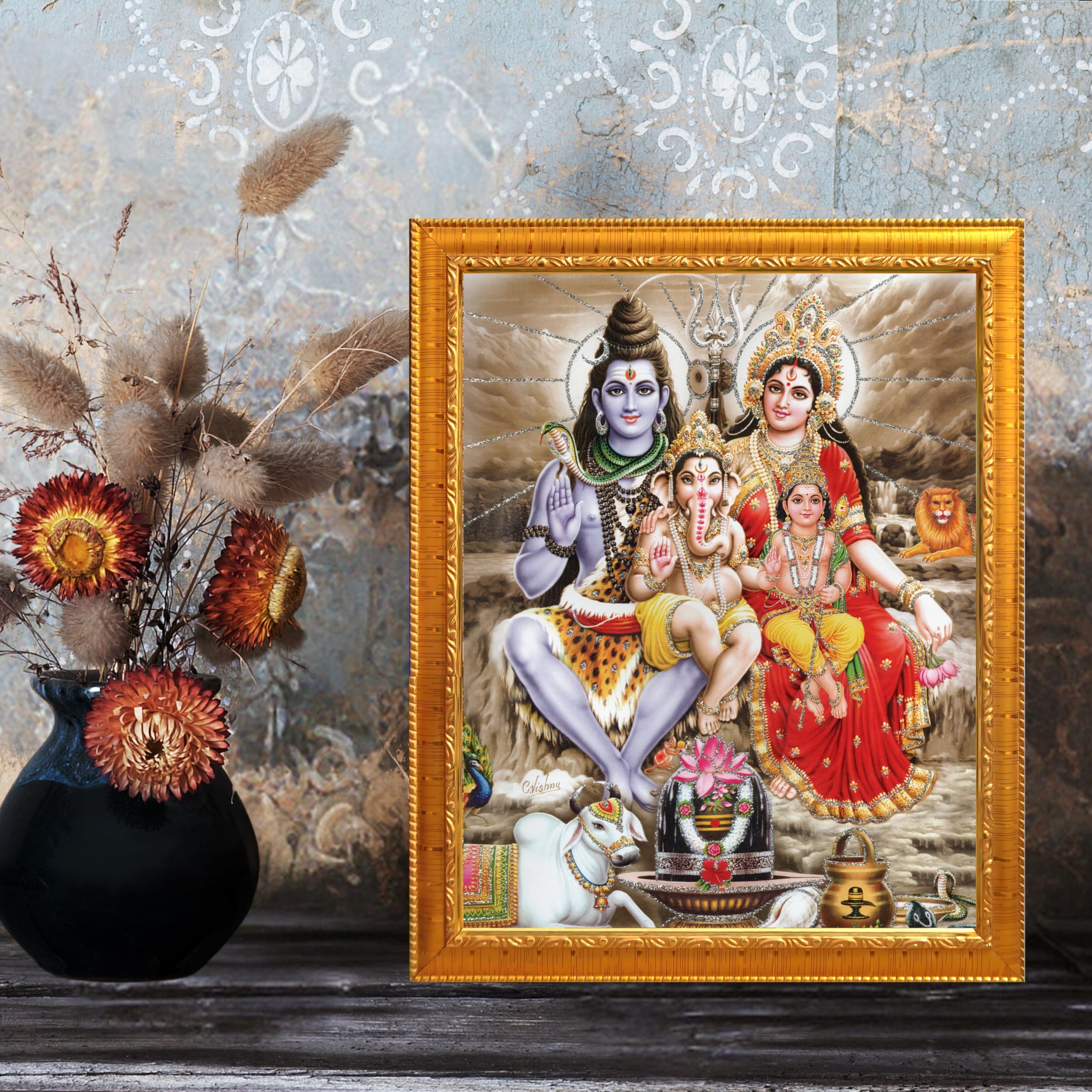 CRAFT QUEST Shiv Parivar Religious Wood Photo Frame with Acrylic glass (Photoframe,Golden, 7 X 9 inch)