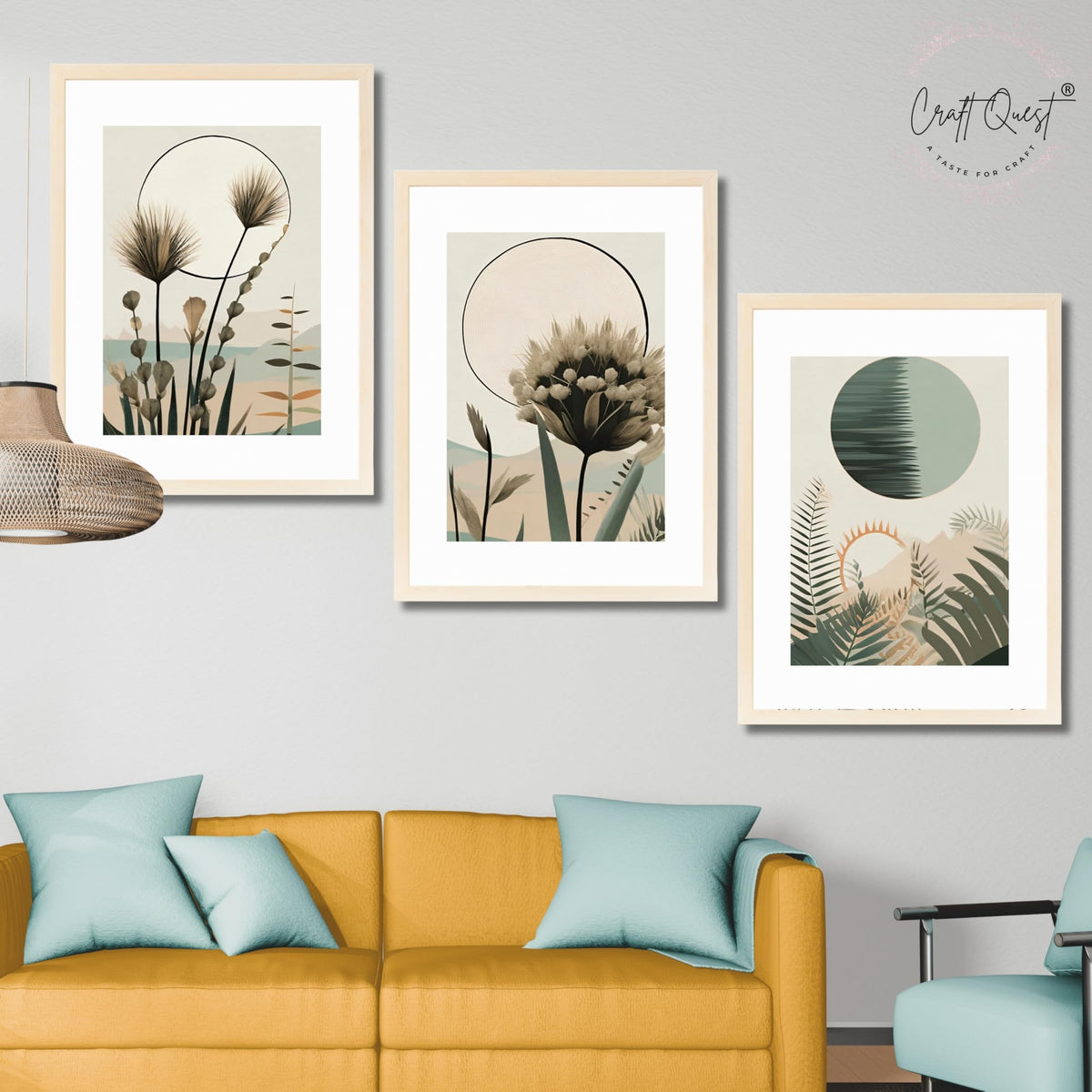 CRAFT QUEST Boho Abstract Flowers & Leaves | Set of 3 Frames for Home Decoration | Ideal for Living Room, Bedroom & Offices