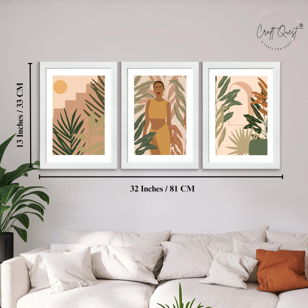 CRAFT QUEST Beautiful Abstract Of American Woman & Tropical Leaves Wall Art | Set of 3 Frames for Home Decoration | Ideal for Living Room, Bedroom & Offices