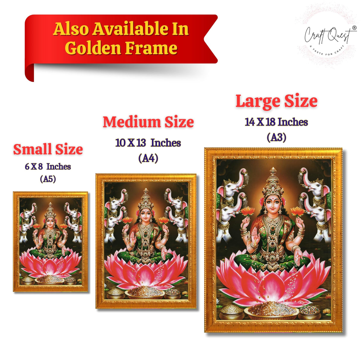 CRAFT QUEST Goddess Lakshmi Devi Vaibhav Laxmi Maa Wall Painting Photo Framed | Ideal for Home, Office, Temple & Puja Room, Wall Decor