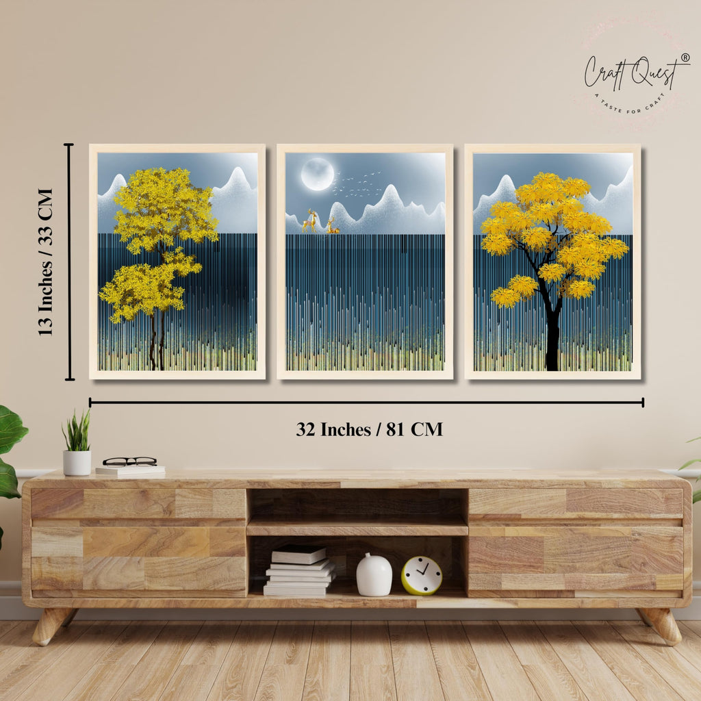 CRAFT QUEST Modern Abstract Blue Landscape Art | Set of 3 Frames for Home Decoration | Ideal for Living Room, Bedroom & Offices