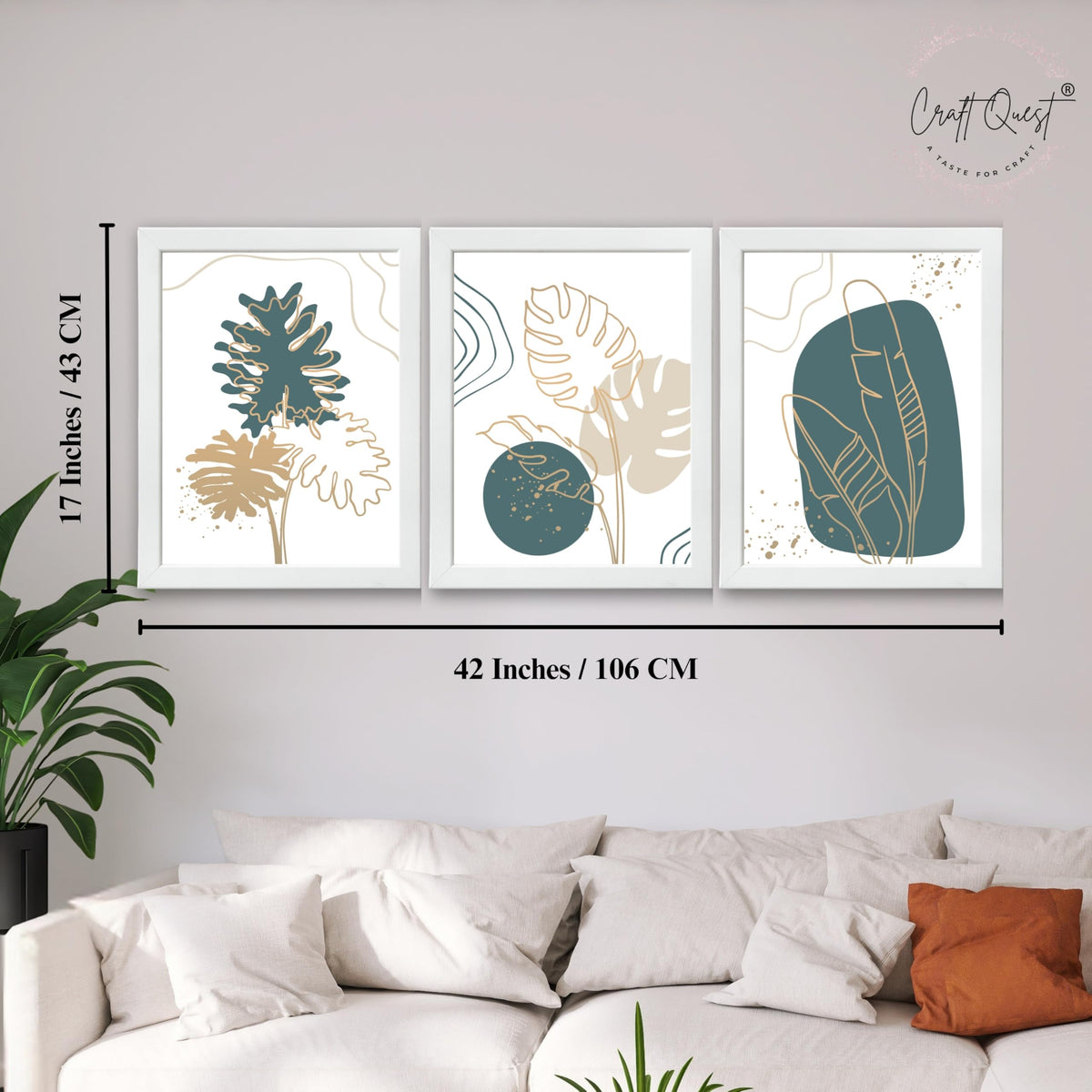 CRAFT QUEST Boho Leaf Artwork | Set of 3 Frames for Home Decoration | Ideal for Living Room, Bedroom & Offices