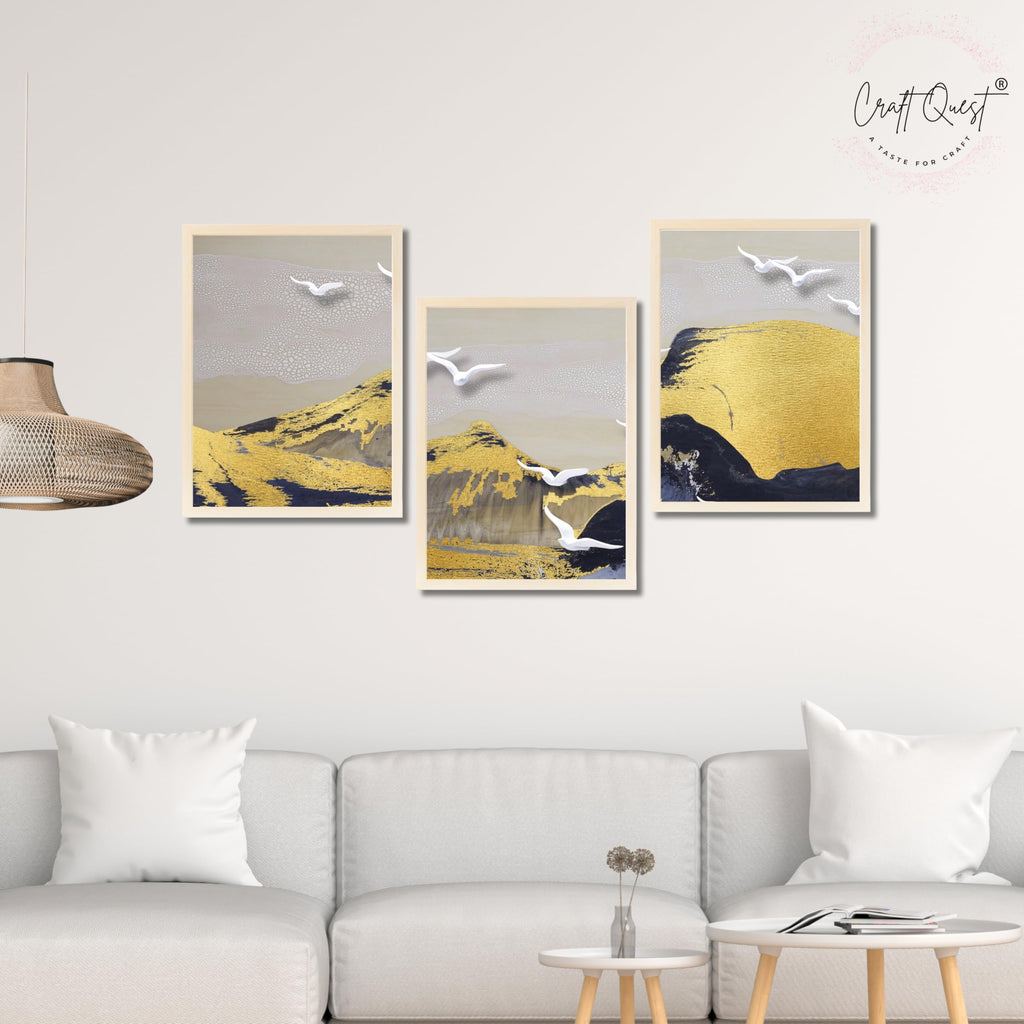 CRAFT QUEST Modern Art Abstract Porch Golden Wall Art | Set of 3 Frames for Home Decoration | Ideal for Living Room, Bedroom & Offices