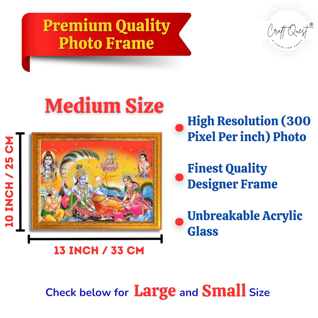 CRAFT QUEST Goddess Lakshmi pressing legs of lord Vishnu on Shesh naag, Glitter Work Painting wooden frame