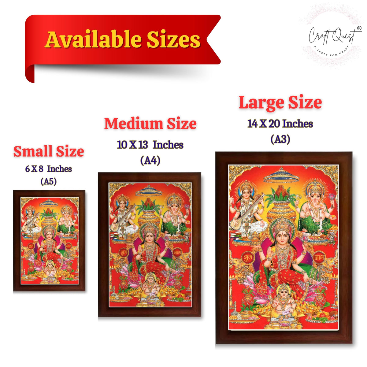 CRAFT QUEST Lord Laxmi Ganesh Saraswati Ji Religious Hindu Photo Frame for Wall, Table, Office, Temple, Pooja, Living Room and Home Decor Item