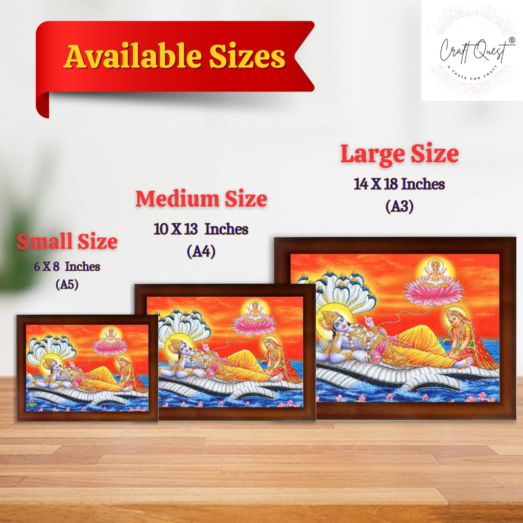 CRAFT QUEST Lord Vishnu and Goddess Lakshmi Giving Blessing on Shesh naag, landscape Glitter Work Painting Synthetic Wood Frame