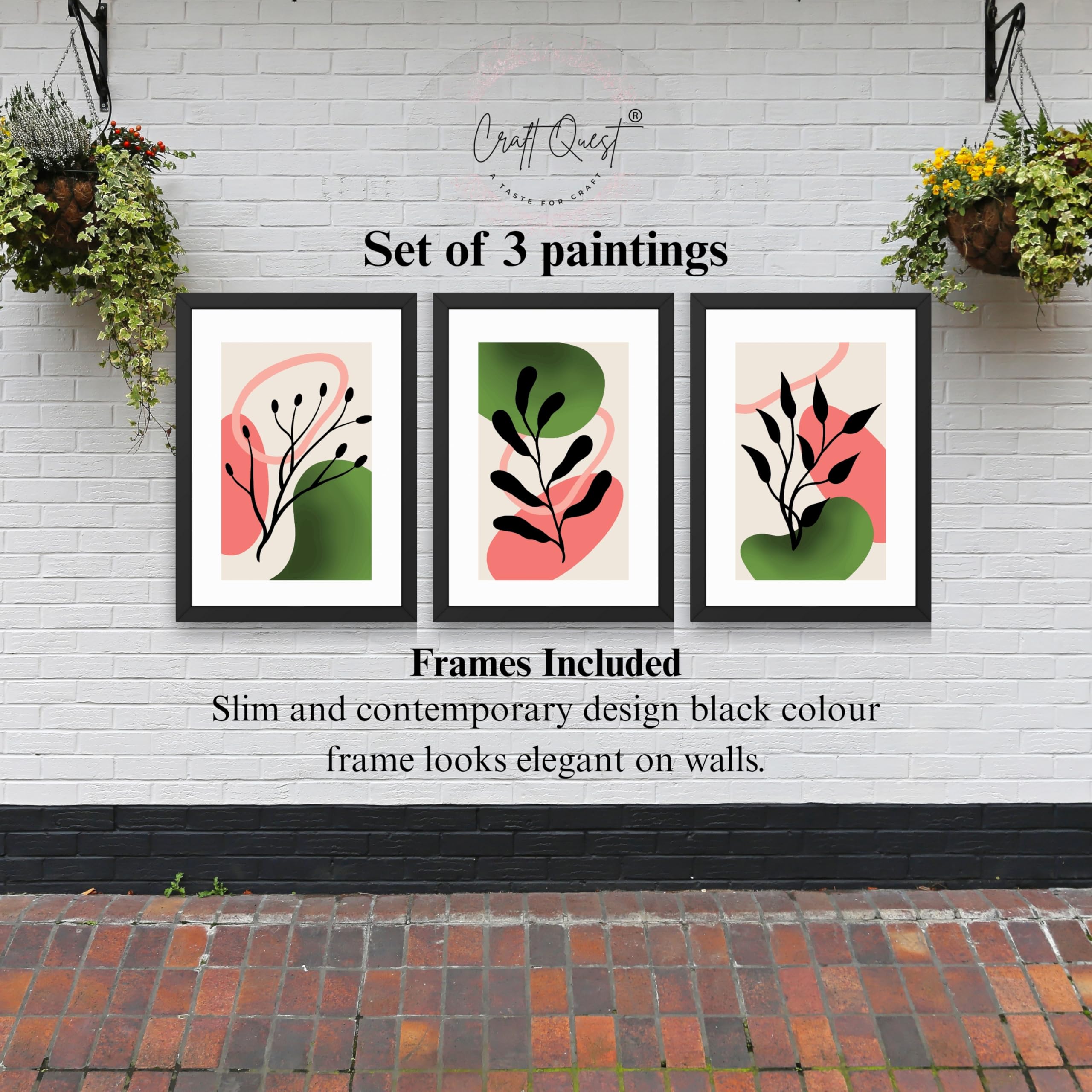 CRAFT QUEST Nature Inspired Abstract Shape & Leaf Wall Art | Set of 3 Frames for Home Decoration | Ideal for Living Room, Bedroom & Offices