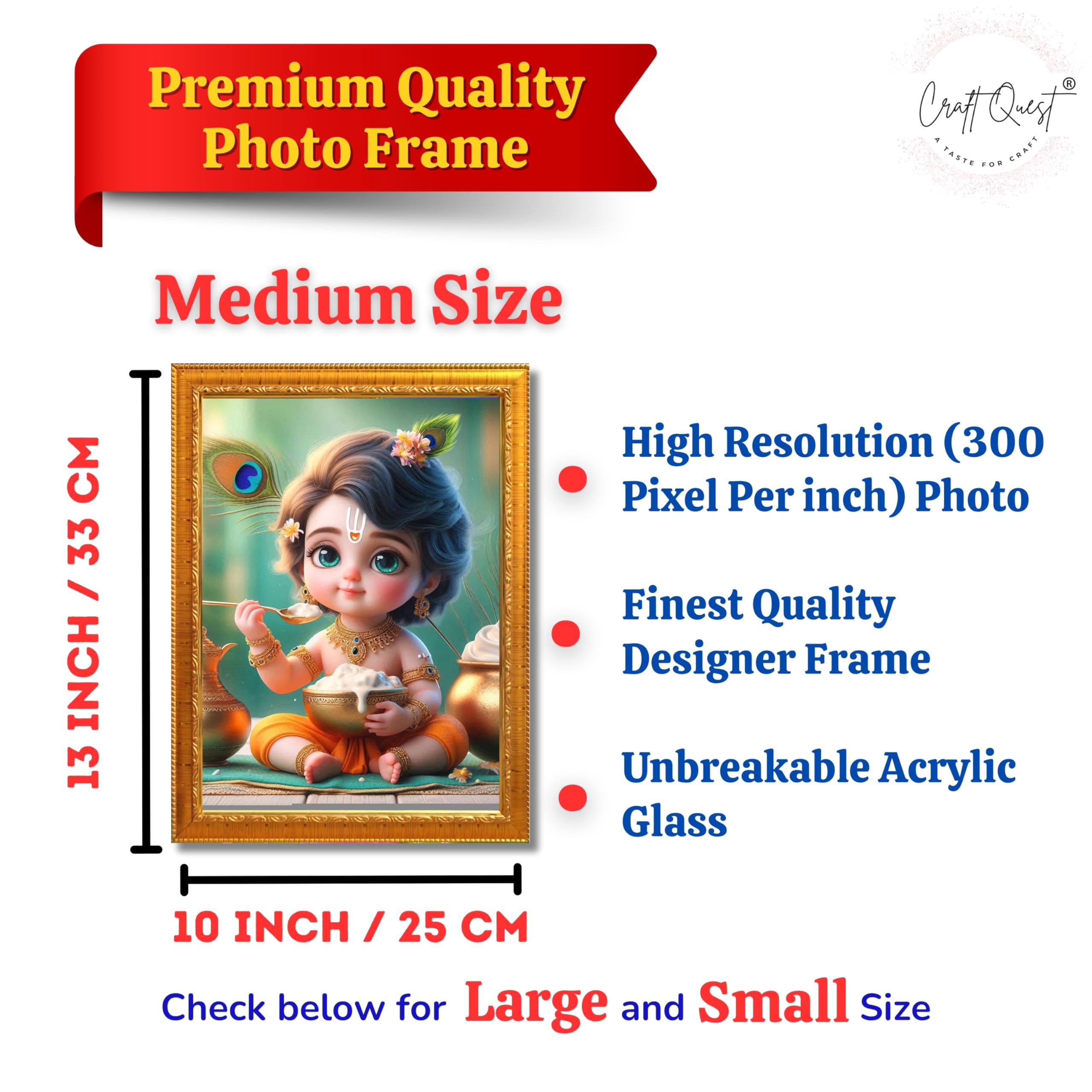 CRAFT QUEST Cute Baby Krishna HD Print | Little Krishna Frame for Home Temple, Office Desk, Car Dashboard