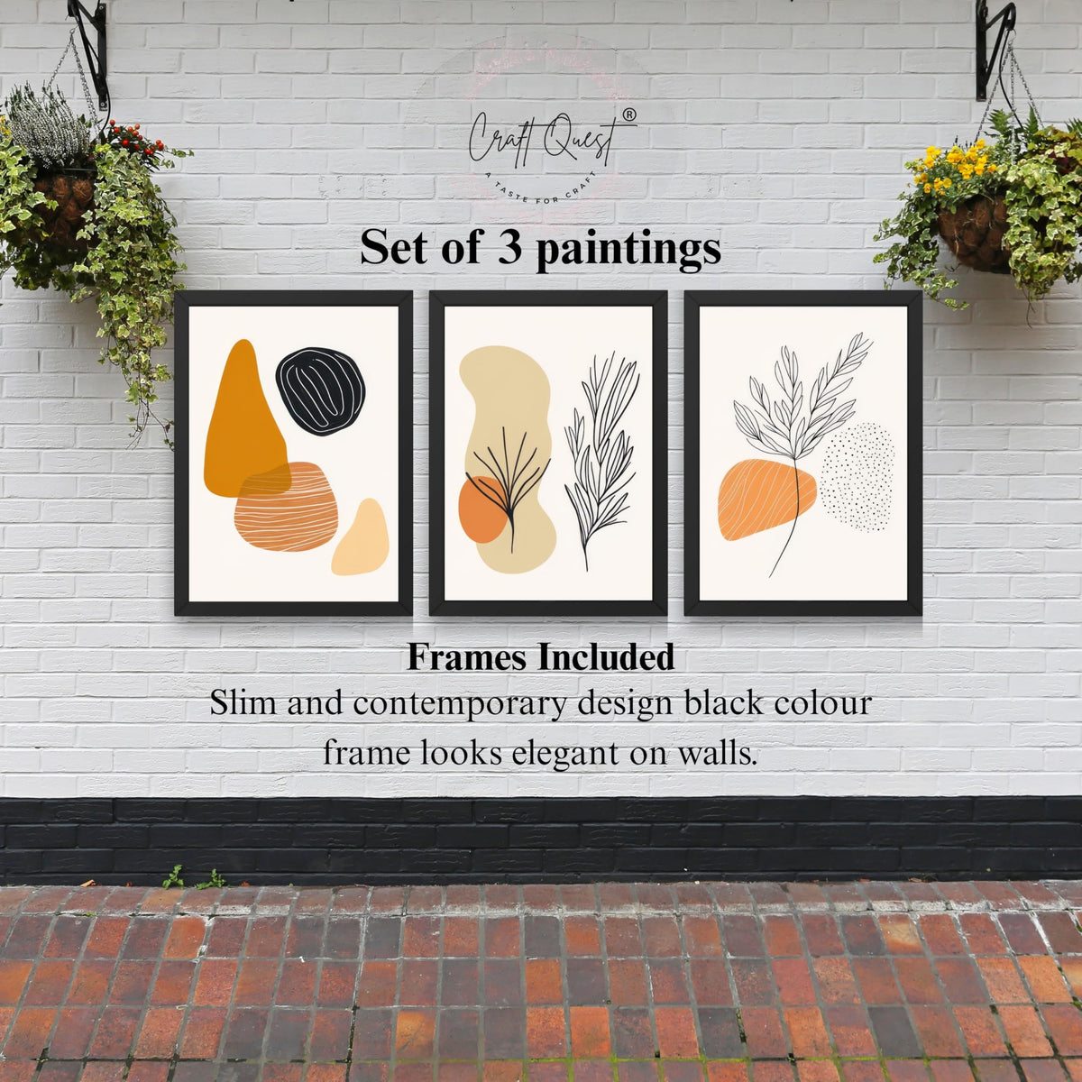 CRAFT QUEST Organic Abstract Line Art Modern Art | Set of 3 Frames for Home Decoration | Ideal for Living Room, Bedroom & Offices