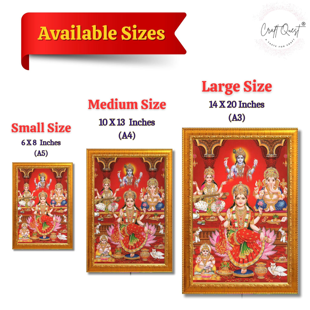 CRAFT QUEST Lakshmi Devi Ganesha Saraswati Ganesh ji Hanging Wall Painting Framed Home and Pooja Decor Hindu Bhagwan Devi Devta Photo Frame
