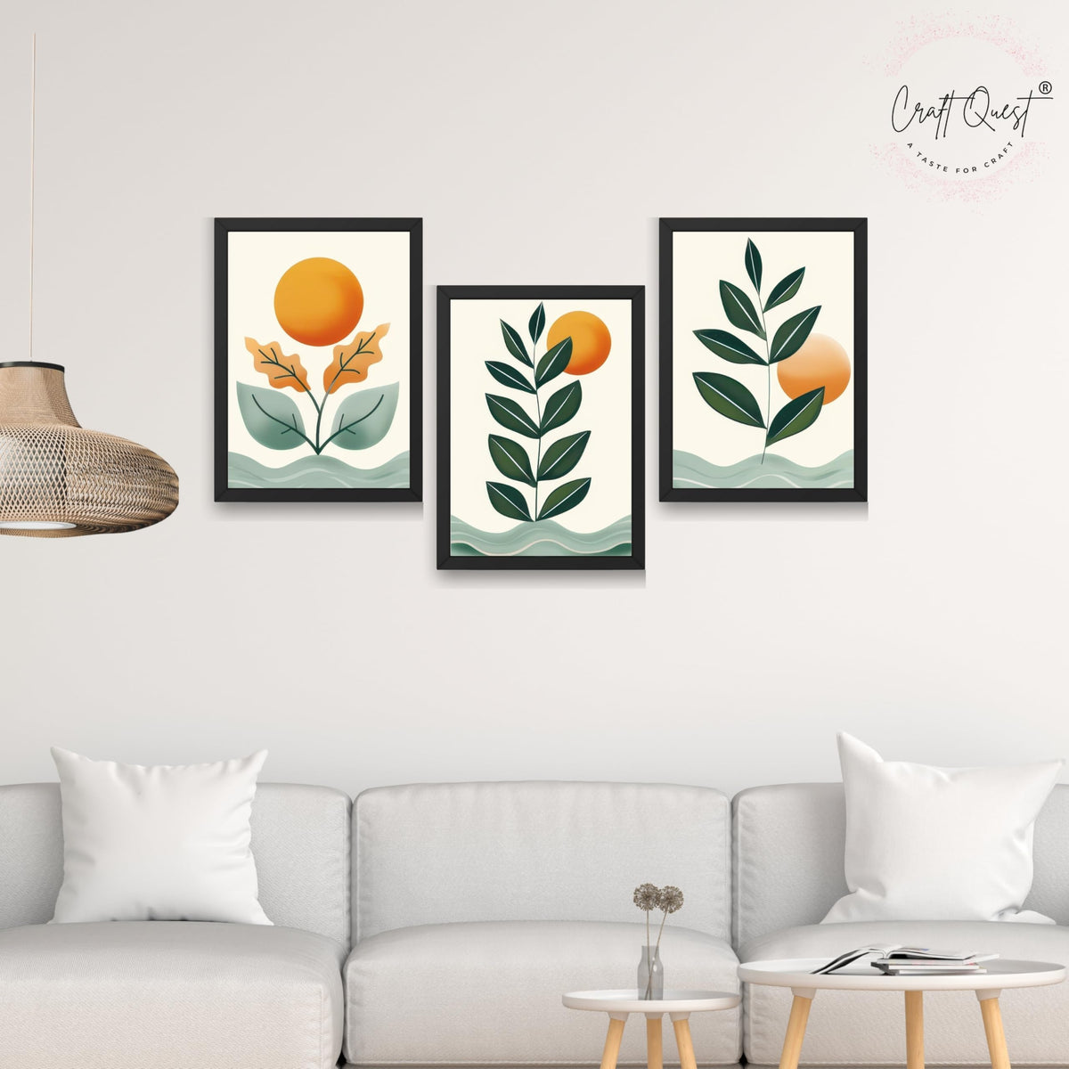 CRAFT QUEST Nature Inspired Sun & Moon Modern Boho Wall Art | Set of 3 Frames for Home Decoration | Ideal for Living Room, Bedroom & Offices